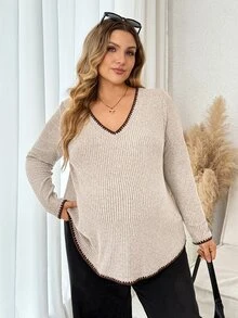 Plussiva 秋季大尺碼孕婦貝殼刺繡對比色長袖上衣 米色 拍照用 休閒 寬鬆居家服 派對穿搭 - 杏色 - 查看 7