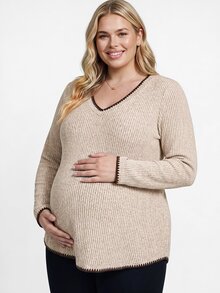 Plussiva 秋季大尺碼孕婦貝殼刺繡對比色長袖上衣 米色 拍照用 休閒 寬鬆居家服 派對穿搭 - 杏色 - 查看 2