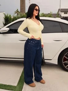 Dayanna Comas 女士撞色字母图案休闲牛仔裤 - 深色水洗藍 - 查看 5