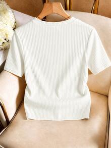 GlowEve CURVE Plus Size Women's Elegant Solid Color Round Neck Knit T-Shirt, Suitable For Spring/Summer Layering And Casual Wear, Simple And Fashionable - Beige - View 2