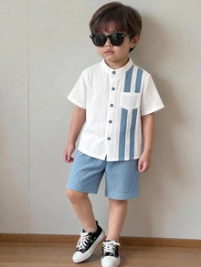 SHEIN 2件組男孩休閒舒適百搭條紋小立領短袖襯衫與短褲套裝 - 霧霾藍 - 查看 1