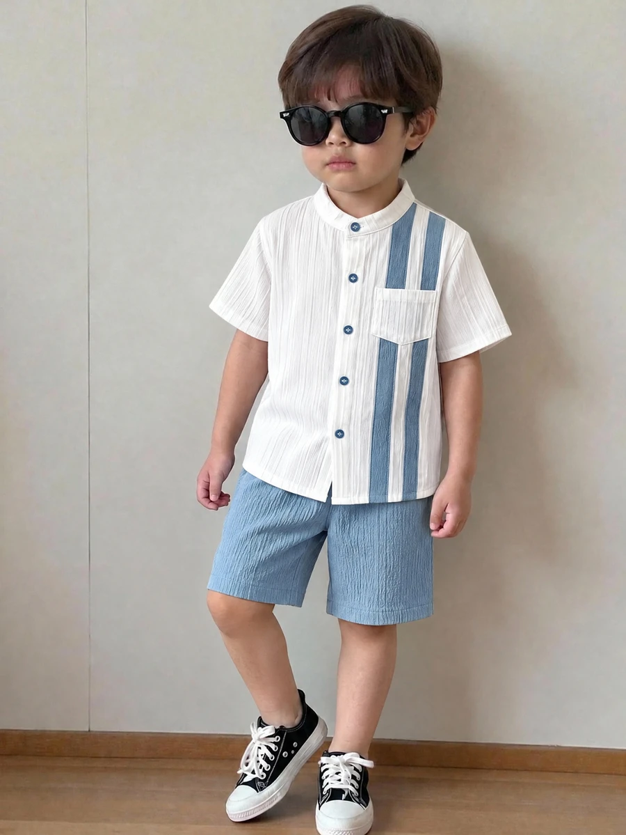 SHEIN 2件組男孩休閒舒適百搭條紋小立領短袖襯衫與短褲套裝 - 霧霾藍 - 查看 1