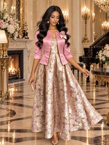 Fleurora Women's Sweet Jacquard Cami Dress With Floral Decor Jacket 2 Pieces Set - Pink - View 4
