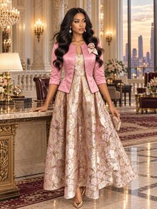 Fleurora Women's Sweet Jacquard Cami Dress With Floral Decor Jacket 2 Pieces Set - Pink - View 5
