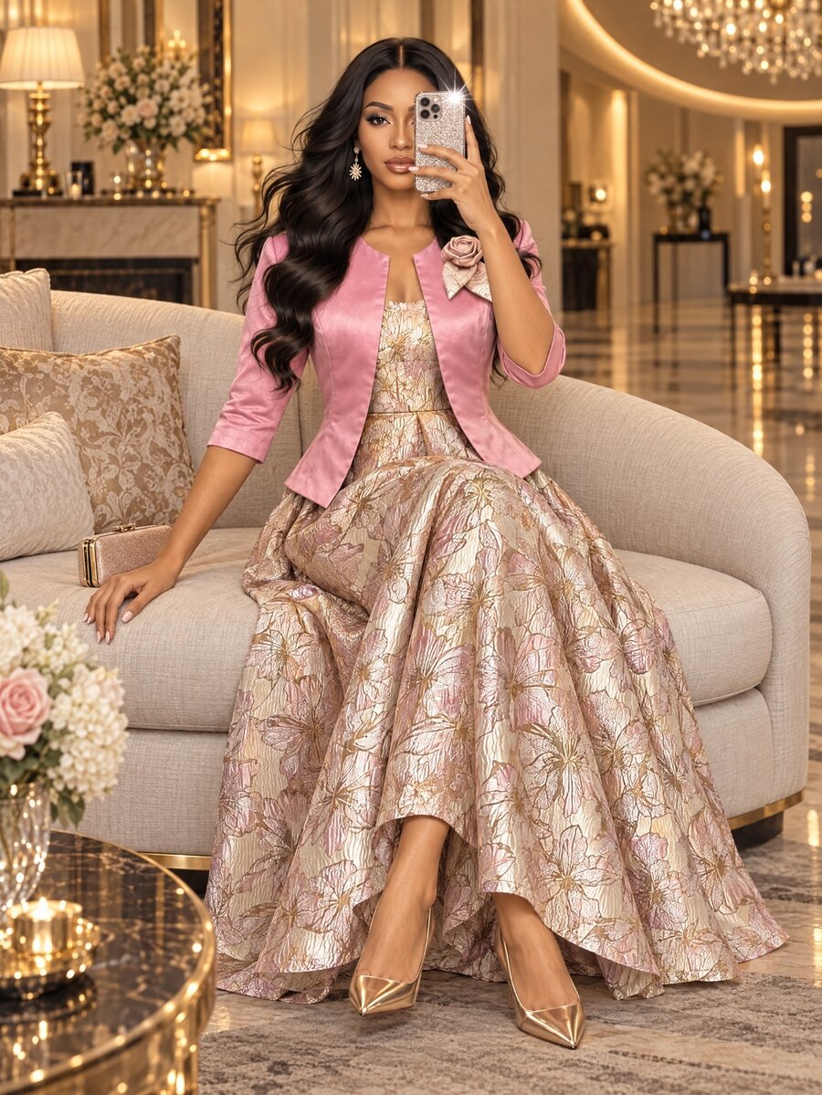 Fleurora Women's Sweet Jacquard Cami Dress With Floral Decor Jacket 2 Pieces Set - Pink - View 1