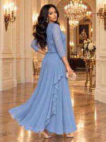 Fleurora Women's Elegant Rhinestone Decorated Dress With Lace Cardigan 2 Pieces Set - Baby Blue - View 2