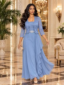 Fleurora Women's Elegant Rhinestone Decorated Dress With Lace Cardigan 2 Pieces Set - Baby Blue - View 4