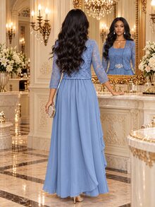 Fleurora Women's Elegant Rhinestone Decorated Dress With Lace Cardigan 2 Pieces Set - Baby Blue - View 7