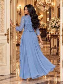 Fleurora Women's Elegant Rhinestone Decorated Dress With Lace Cardigan 2 Pieces Set - Baby Blue - View 6