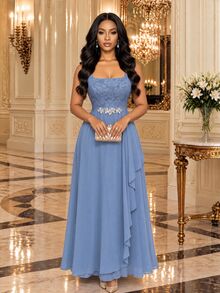 Fleurora Women's Elegant Rhinestone Decorated Dress With Lace Cardigan 2 Pieces Set - Baby Blue - View 3
