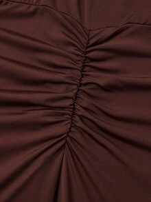 Poshavie Poshavie Plus Size Women's Minimalist Elegant Fashion Long Sleeve Dress, Hollow Neckline, Ruched Waist Flattering Slimming, Comfortable Elastic Fabric, Loose Fit, Suitable For Daily Wear, Shopping, Dating, Commuting - Brown - View 9