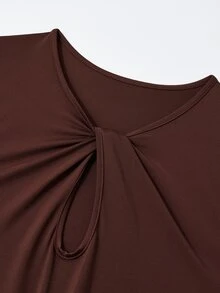 Poshavie Poshavie Plus Size Women's Minimalist Elegant Fashion Long Sleeve Dress, Hollow Neckline, Ruched Waist Flattering Slimming, Comfortable Elastic Fabric, Loose Fit, Suitable For Daily Wear, Shopping, Dating, Commuting - Brown - View 8