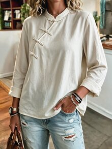 Omancia Women's Spring/Autumn New Chinese Style Stand Collar Asymmetrical Front Handmade Frog Button Loose Linen 3/4 Sleeve Zen Zen-Inspired National Style Daily Commute Blouse Top - Apricot - View 7