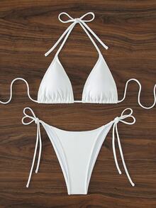 SHEIN Swim Women's Solid Color Halter Tie Sexy Bikini Swimwear Set, Summer Beach - White - View 5
