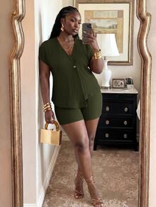 Veslaya Plus Size Women's Solid Color V-Neck Short Sleeve Top And Shorts Casual Baggy Daily Set Formal Vacation Dark Green Summer - Army Green - View 7