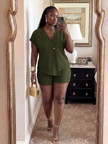 Veslaya Plus Size Women's Solid Color V-Neck Short Sleeve Top And Shorts Casual Baggy Daily Set Formal Vacation Dark Green Summer - Army Green - View 4