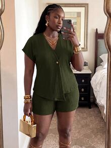 Veslaya Plus Size Women's Solid Color V-Neck Short Sleeve Top And Shorts Casual Baggy Daily Set Formal Vacation Dark Green Summer - Army Green - View 8