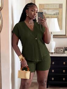 Veslaya Plus Size Women's Solid Color V-Neck Short Sleeve Top And Shorts Casual Baggy Daily Set Formal Vacation Dark Green Summer - Army Green - View 5