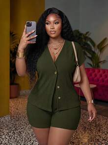 Veslaya Plus Size Women's Solid Color V-Neck Short Sleeve Top And Shorts Casual Baggy Daily Set Formal Vacation Dark Green Summer - Army Green - View 1