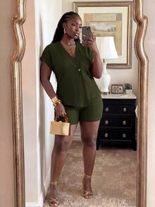 Veslaya Plus Size Women's Solid Color V-Neck Short Sleeve Top And Shorts Casual Baggy Daily Set Formal Vacation Dark Green Summer - Army Green - View 6