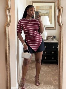 Veslaya Plus Size Women's White Summer 80s 90s 1920s Casual Everyday Vacation Birthday Teacher Ribbed Round Neck Peplum Hem Ribbed Short Sleeve Top - Red - View 8