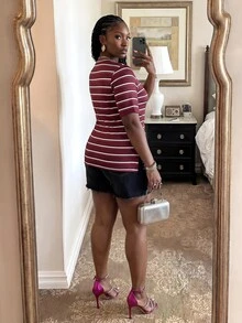 Veslaya Plus Size Women's White Summer 80s 90s 1920s Casual Everyday Vacation Birthday Teacher Ribbed Round Neck Peplum Hem Ribbed Short Sleeve Top - Red - View 3