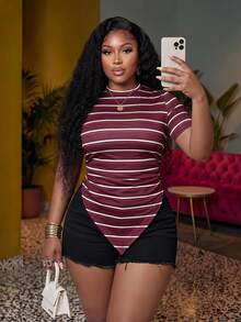Veslaya Plus Size Women's White Summer 80s 90s 1920s Casual Everyday Vacation Birthday Teacher Ribbed Round Neck Peplum Hem Ribbed Short Sleeve Top - Red - View 2