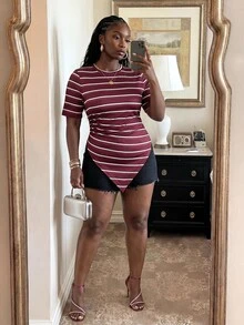 Veslaya Plus Size Women's White Summer 80s 90s 1920s Casual Everyday Vacation Birthday Teacher Ribbed Round Neck Peplum Hem Ribbed Short Sleeve Top - Red - View 6