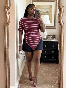 Veslaya Plus Size Women's White Summer 80s 90s 1920s Casual Everyday Vacation Birthday Teacher Ribbed Round Neck Peplum Hem Ribbed Short Sleeve Top - Red - View 9