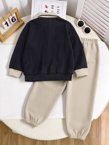 SHEIN Playful Pals 2 Pieces/Set: Boys' Fall Pink, And Retro Matching Casual-Style Block-Color Collarless Long-Sleeve Tops With Solid-Color Jogging Pants - Navy Blue - View 2