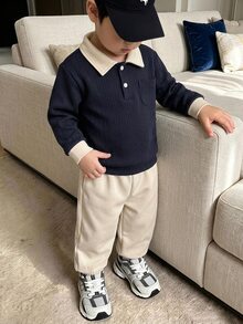 SHEIN Playful Pals 2 Pieces/Set: Boys' Fall Pink, And Retro Matching Casual-Style Block-Color Collarless Long-Sleeve Tops With Solid-Color Jogging Pants - Navy Blue - View 1