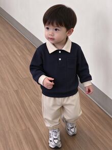 SHEIN Playful Pals 2 Pieces/Set: Boys' Fall Pink, And Retro Matching Casual-Style Block-Color Collarless Long-Sleeve Tops With Solid-Color Jogging Pants - Navy Blue - View 4