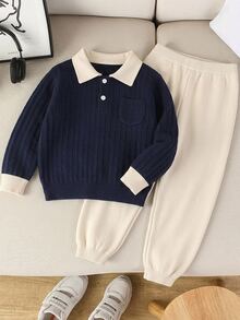 SHEIN Playful Pals 2 Pieces/Set: Boys' Fall Pink, And Retro Matching Casual-Style Block-Color Collarless Long-Sleeve Tops With Solid-Color Jogging Pants - Navy Blue - View 3