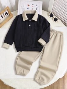 SHEIN Playful Pals 2 Pieces/Set: Boys' Fall Pink, And Retro Matching Casual-Style Block-Color Collarless Long-Sleeve Tops With Solid-Color Jogging Pants - Navy Blue - View 8