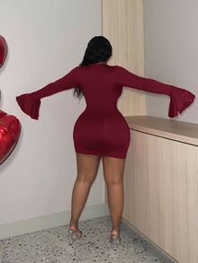 Veslaya Slayr Plus Size Sexy Red Hollow Out Bodycon Dress With Flare Sleeves, Revealing Chest Design/Christmas - Burgundy - View 2