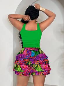 Veslaya Plus Size Women's Solid Color Square Neck Tank Top And Tropical Plant Print Skorts 2-Piece Set For Vacation - Green - View 2