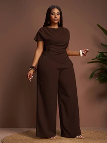 Veslaya Women Plus Size 2-Piece Set,Elegant Brown Summer Everyday Work Solid Sleeveless Cinched Waist Asymmetric Hem Blouse&Wide Leg Extra Long Pants - Brown - View 5