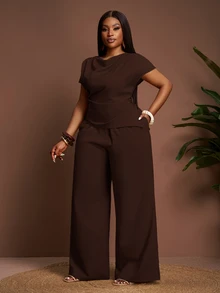 Veslaya Women Plus Size 2-Piece Set,Elegant Brown Summer Everyday Work Solid Sleeveless Cinched Waist Asymmetric Hem Blouse&Wide Leg Extra Long Pants - Brown - View 7