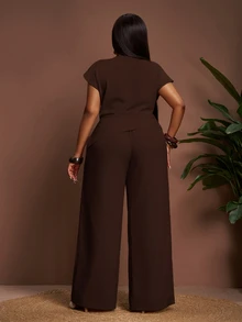 Veslaya Women Plus Size 2-Piece Set,Elegant Brown Summer Everyday Work Solid Sleeveless Cinched Waist Asymmetric Hem Blouse&Wide Leg Extra Long Pants - Brown - View 2