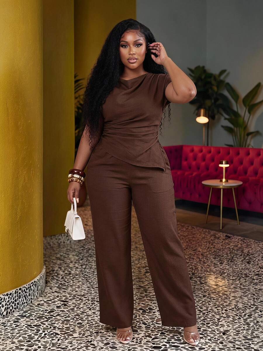 Veslaya Women Plus Size 2-Piece Set,Elegant Brown Summer Everyday Work Solid Sleeveless Cinched Waist Asymmetric Hem Blouse&Wide Leg Extra Long Pants - Brown - View 1