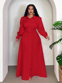 Veslaya Plus Size Elegant Casual Commuter Solid Color Front Button Long Dress Plus Size Teachers' Day Red Formal Office Brunch Formal Party Autumn Fall - Red - View 4