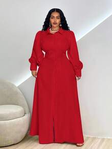 Veslaya Plus Size Elegant Casual Commuter Solid Color Front Button Long Dress Plus Size Teachers' Day Red Formal Office Brunch Formal Party Autumn Fall - Red - View 6