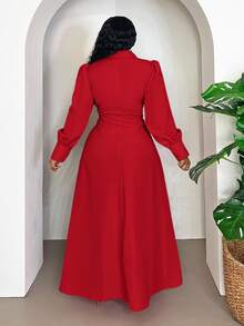 Veslaya Plus Size Elegant Casual Commuter Solid Color Front Button Long Dress Plus Size Teachers' Day Red Formal Office Brunch Formal Party Autumn Fall - Red - View 2