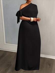 Veslaya Vestido largo asimétrico de hombro de unicolor simple para mujer de talla grande, verano - Negro - Ver 3