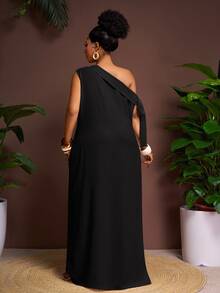 Veslaya Vestido largo asimétrico de hombro de unicolor simple para mujer de talla grande, verano - Negro - Ver 2