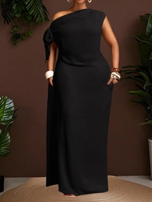 Veslaya Vestido largo asimétrico de hombro de unicolor simple para mujer de talla grande, verano - Negro - Ver 14