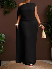 Veslaya Vestido largo asimétrico de hombro de unicolor simple para mujer de talla grande, verano - Negro - Ver 12