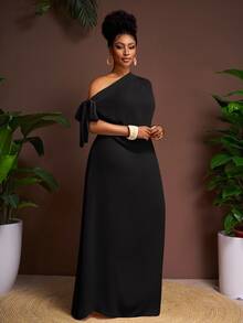 Veslaya Vestido largo asimétrico de hombro de unicolor simple para mujer de talla grande, verano - Negro - Ver 10