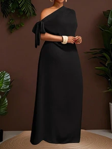 Veslaya Vestido largo asimétrico de hombro de unicolor simple para mujer de talla grande, verano - Negro - Ver 13