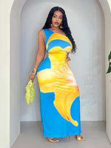 Veslaya Plus Size Slim Fit Long Casual Sexy Western Shoulder Print Vacation Dress, Spring/Summer Vacation Wedding Guest Yellow - Blue - View 3